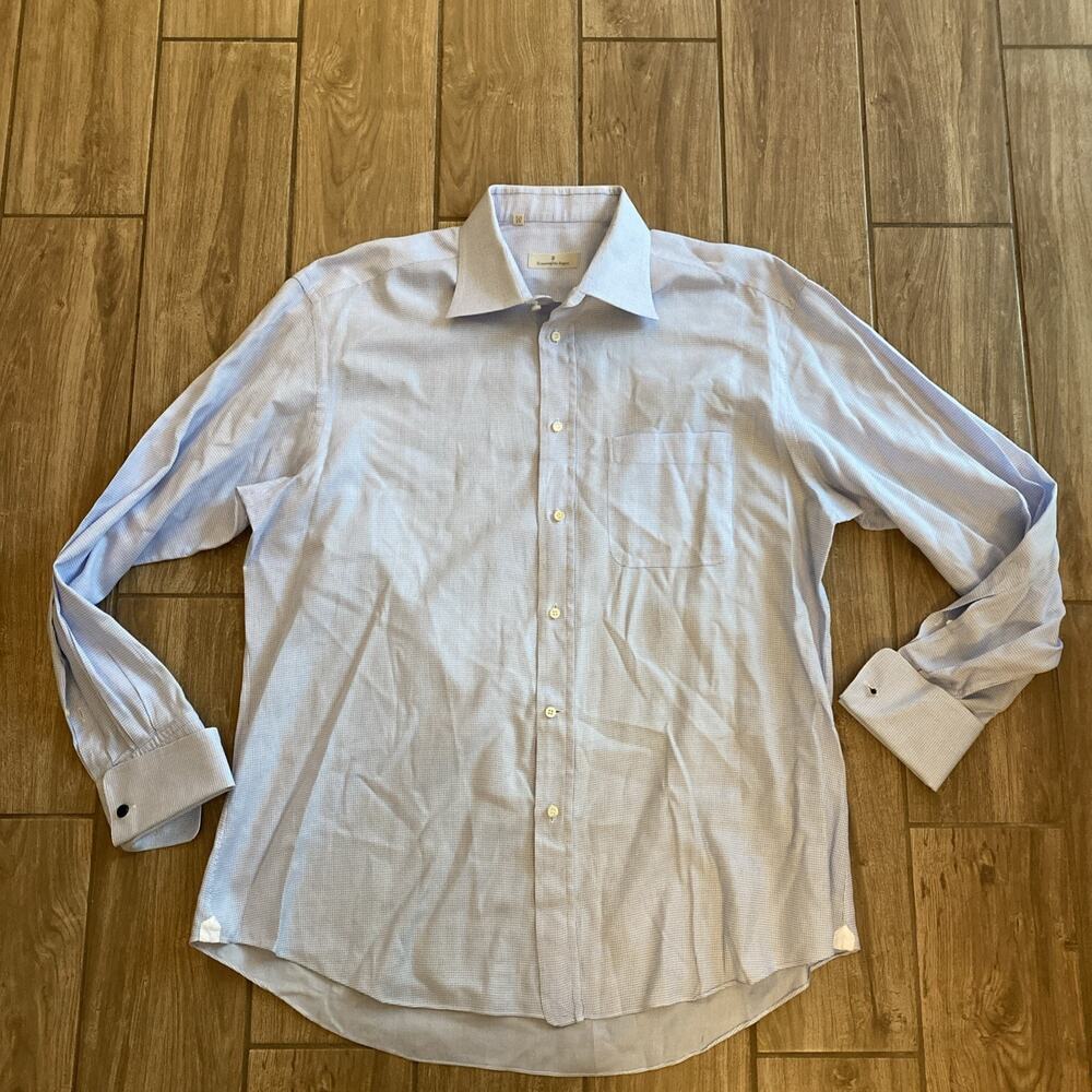 Ermenegildo Zegna Mens Button Down Dress Shirt Blue Size 44 17.5